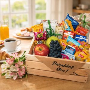 Cesta de café da manhã com frutas e mini buquê de flores