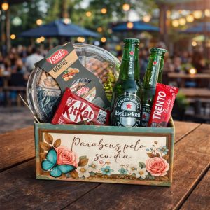 Cesta happy hour com cervejas e petiscos