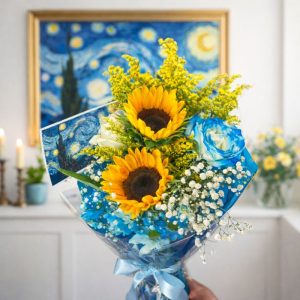 Buquê Noite Estrelada - Girassóis e rosas azuis